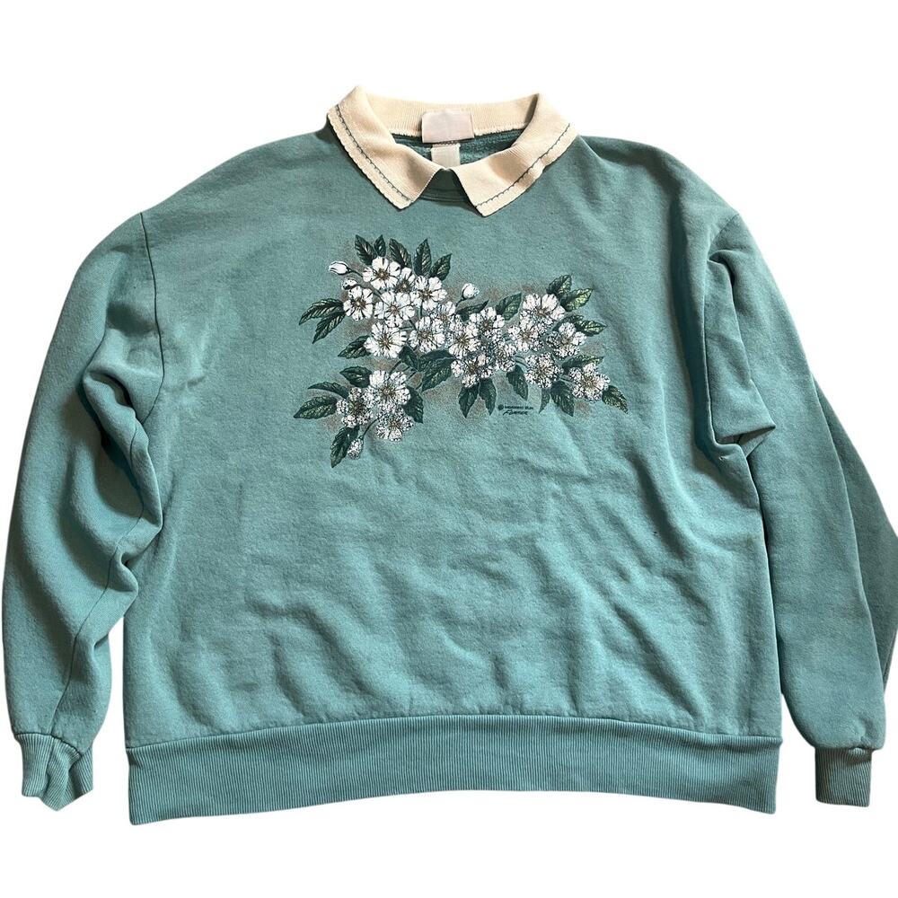 Vintage grandma collar sweatshirt white flower green size med
